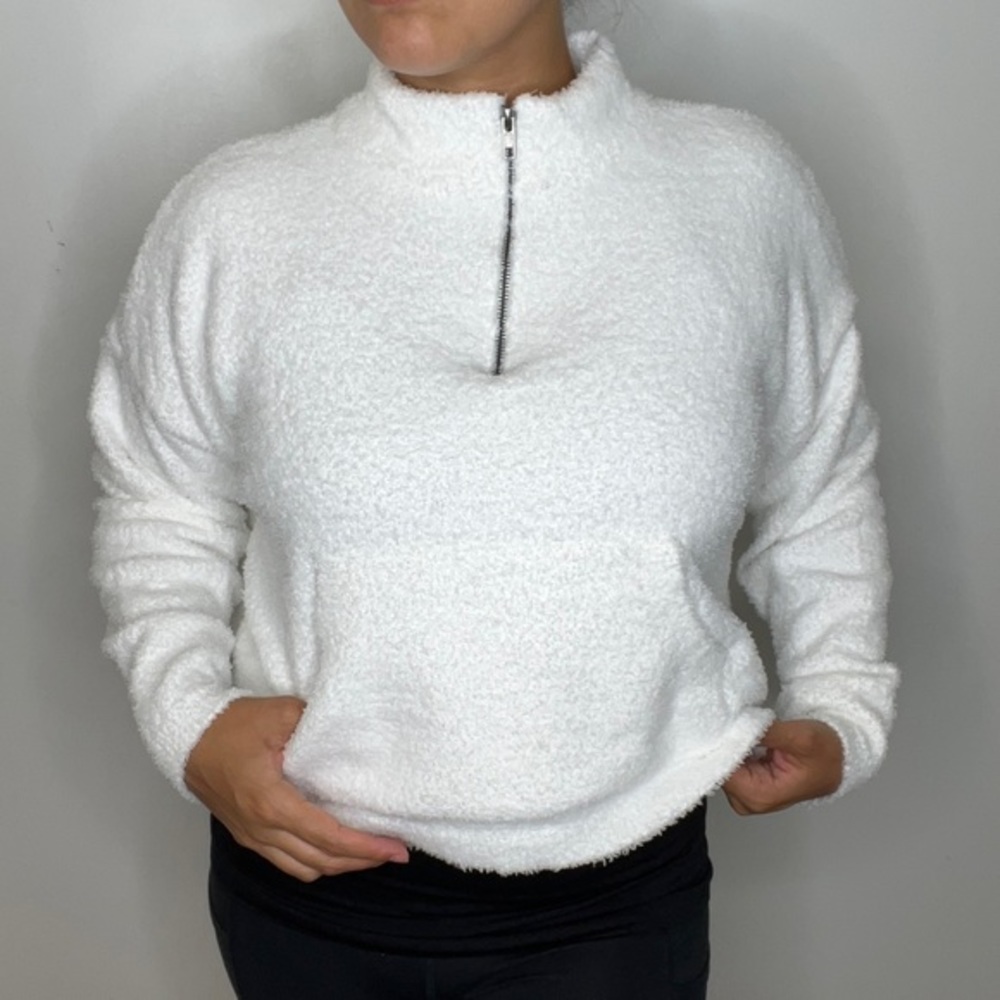 Nordstrom RDI white fuzzy cropped zip up teddy sweater L